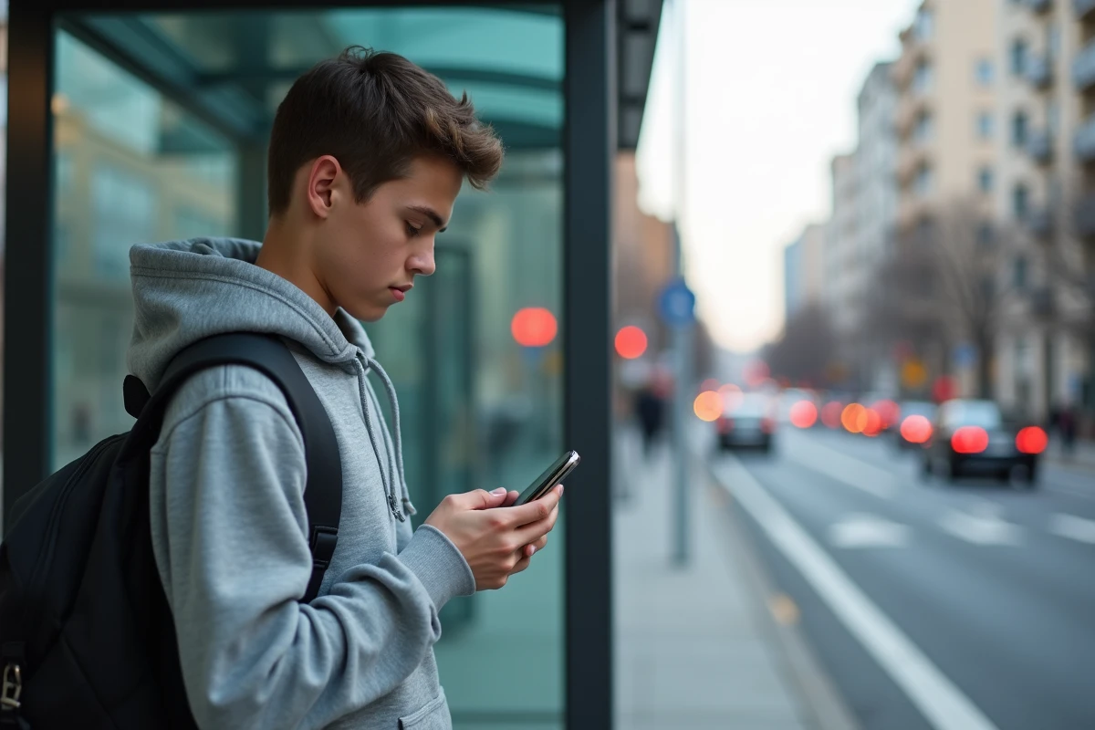Adolescent au arrêt de bus utilisant son smartphone dans la rue