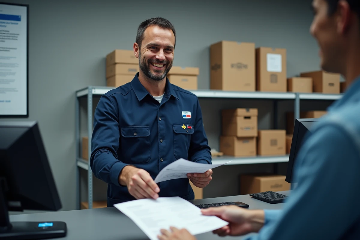 Agent de service postal remettant un formulaire de réclamation pour colis perdu au guichet