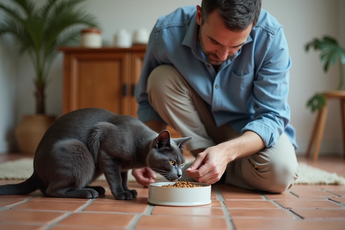 Homme nourrissant un chat british shorthair gris avec des croquettes dans un bol en céramique sur carrelage