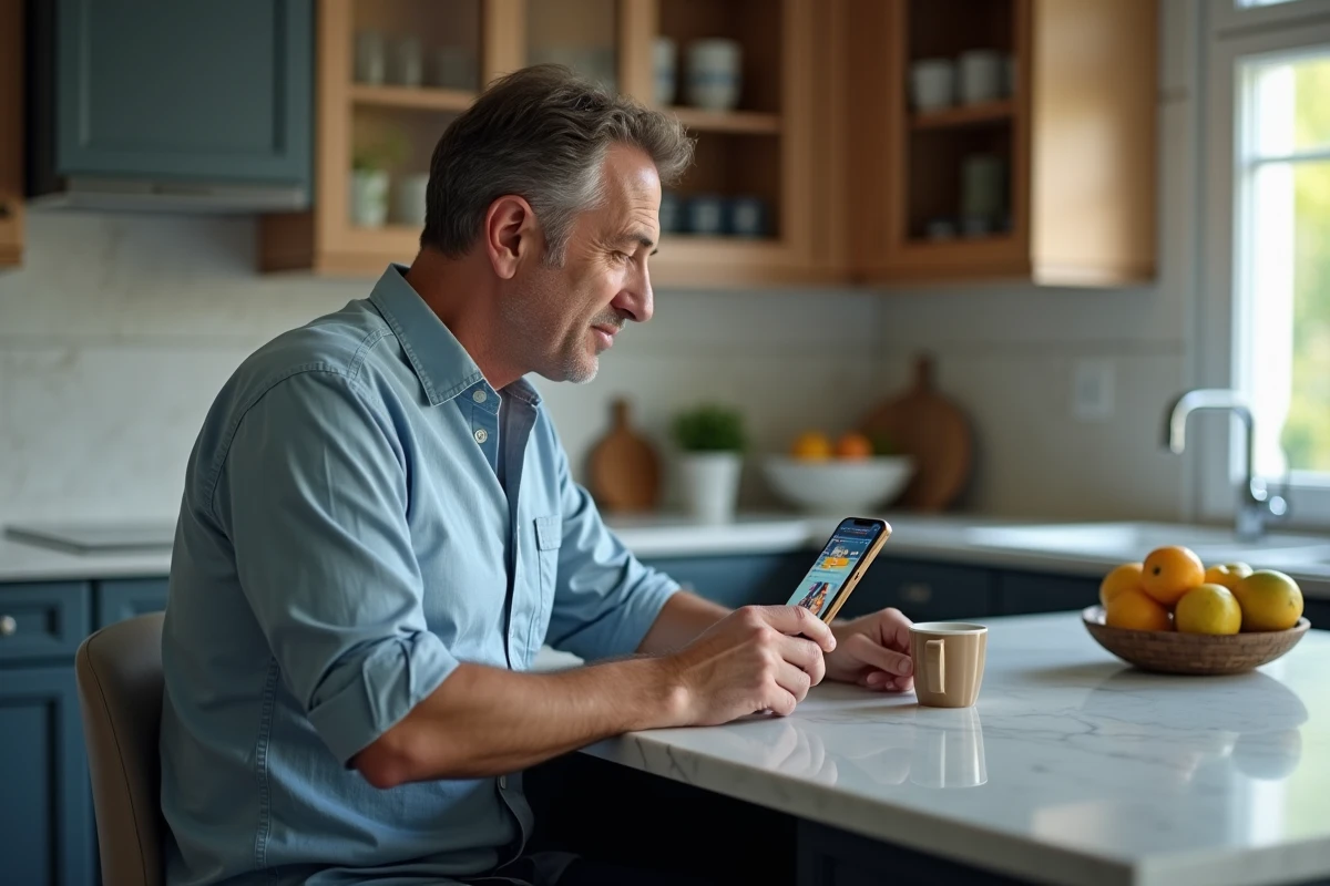 Un homme regardant un match à la carte sur Amazon Prime Video Pass Ligue 1 depuis son smartphone dans la cuisine