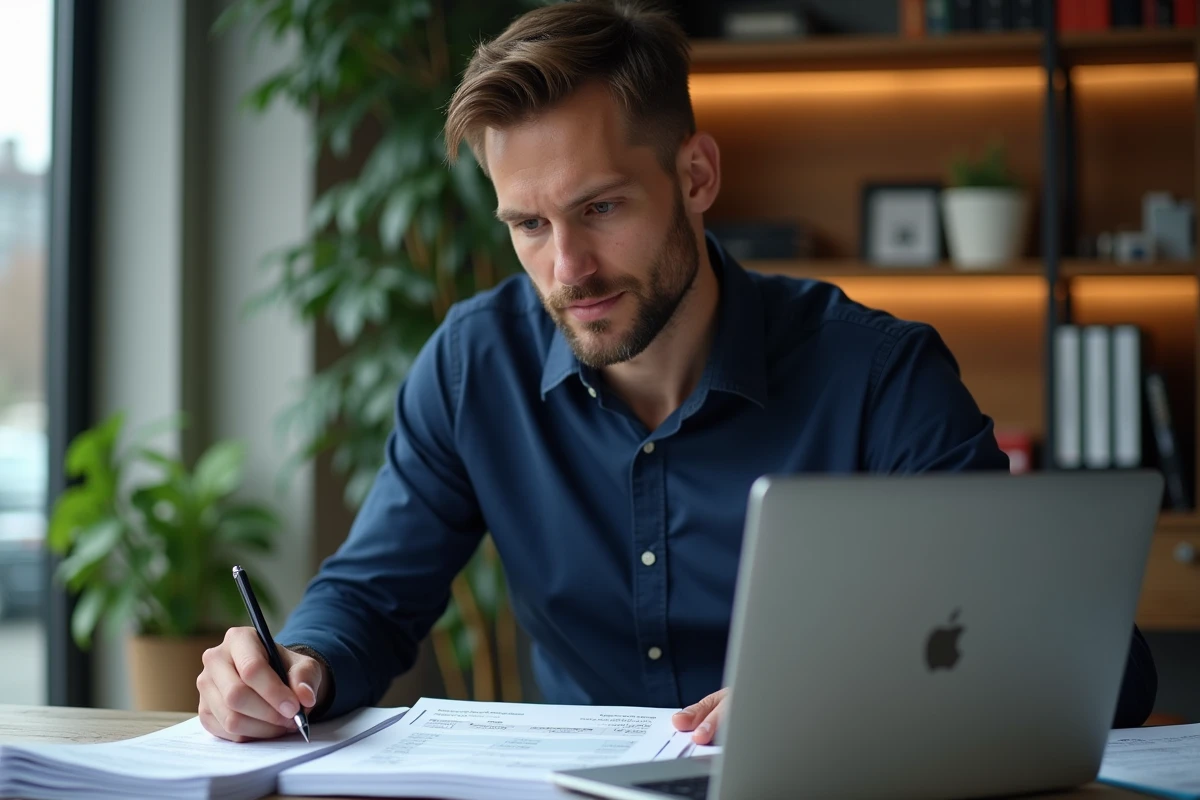 Homme analysant des documents de transfert d'argent international sur ordinateur portable dans un bureau professionnel