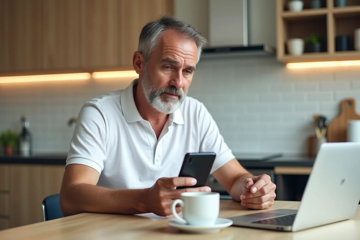 Un homme vérifiant un code d'authentification à deux facteurs sur son téléphone pour résoudre un problème de connexion ITEA