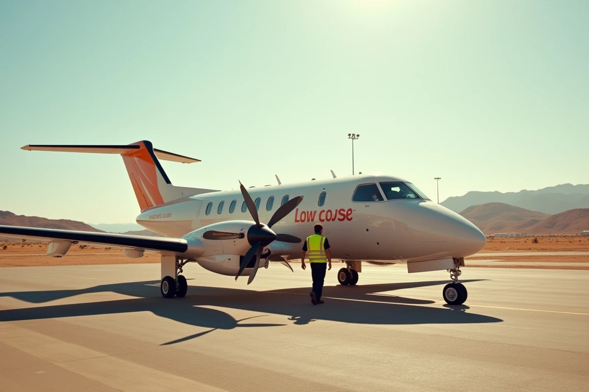 Avion turbopropulseur d'une compagnie low cost sur le tarmac d'un aéroport méditerranéen desservant la Corse