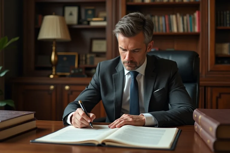 Avocat en costume gris anthracite consultant l'article 1113 du code civil français à son bureau dans un cabinet juridique traditionnel