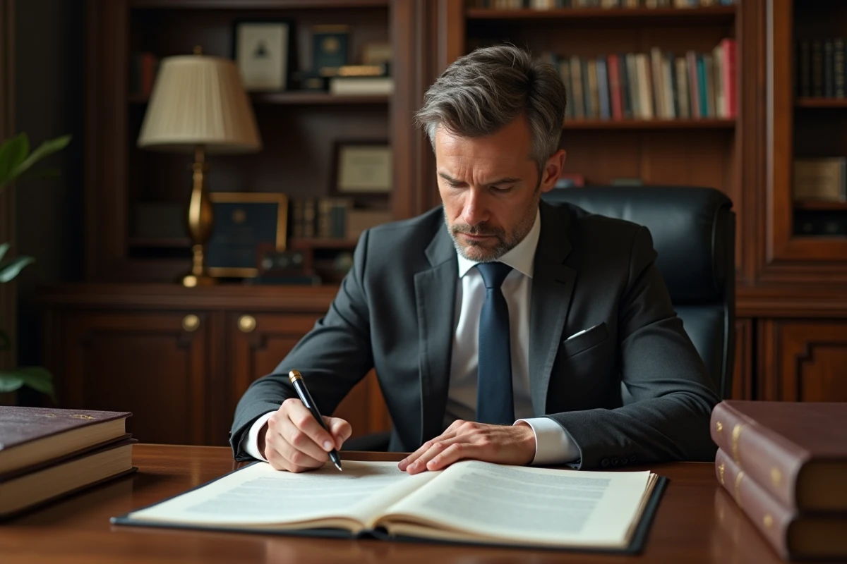 Avocat en costume gris anthracite consultant l'article 1113 du code civil français à son bureau dans un cabinet juridique traditionnel