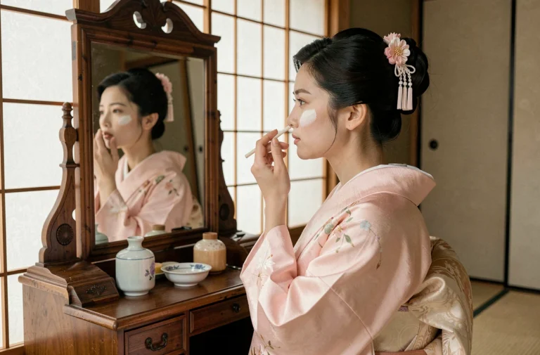 Jeune femme japonaise appliquant du maquillage traditionnel blanc devant un miroir en bois dans une pièce tatami avec des ornements kanzashi dans les cheveux