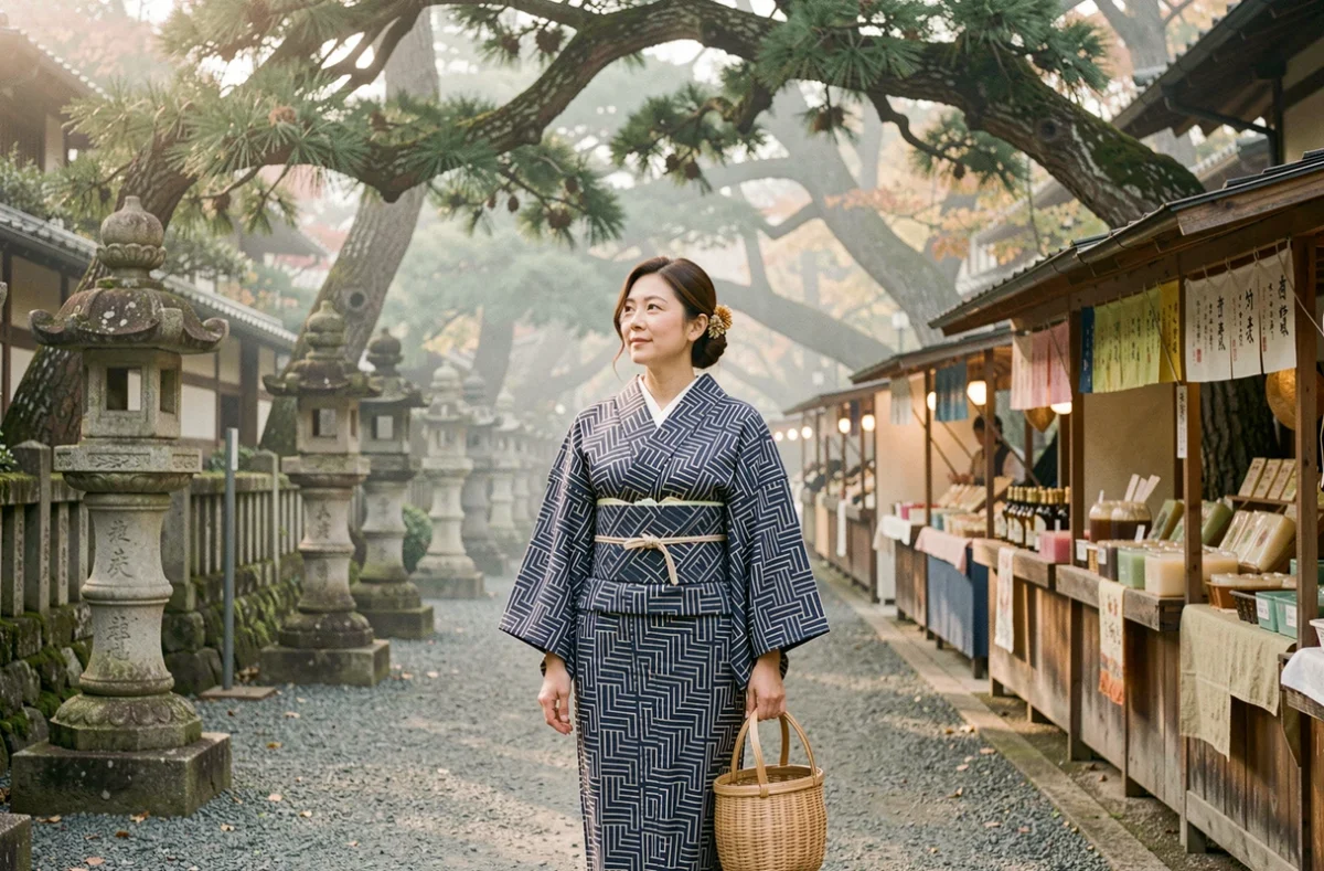 Femme japonaise en yukata indigo marchant dans un marché de temple traditionnel à Kyoto avec des lanternes en pierre et des stands de produits de beauté artisanaux