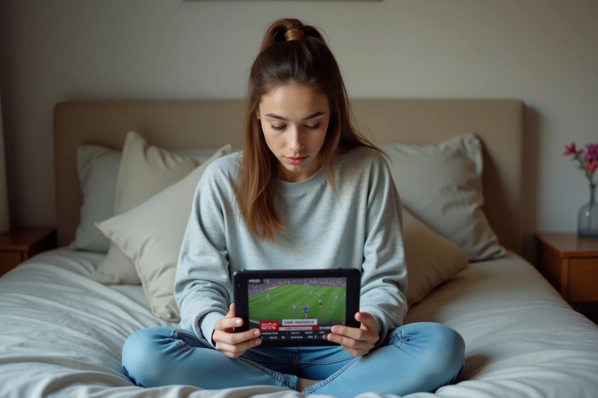 Une femme regardant une coupe internationale sur beIN Sports Connect depuis une tablette sur son lit