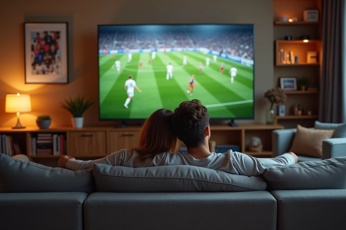 Un couple regardant une compétition européenne de football sur Canal+ dans leur salon