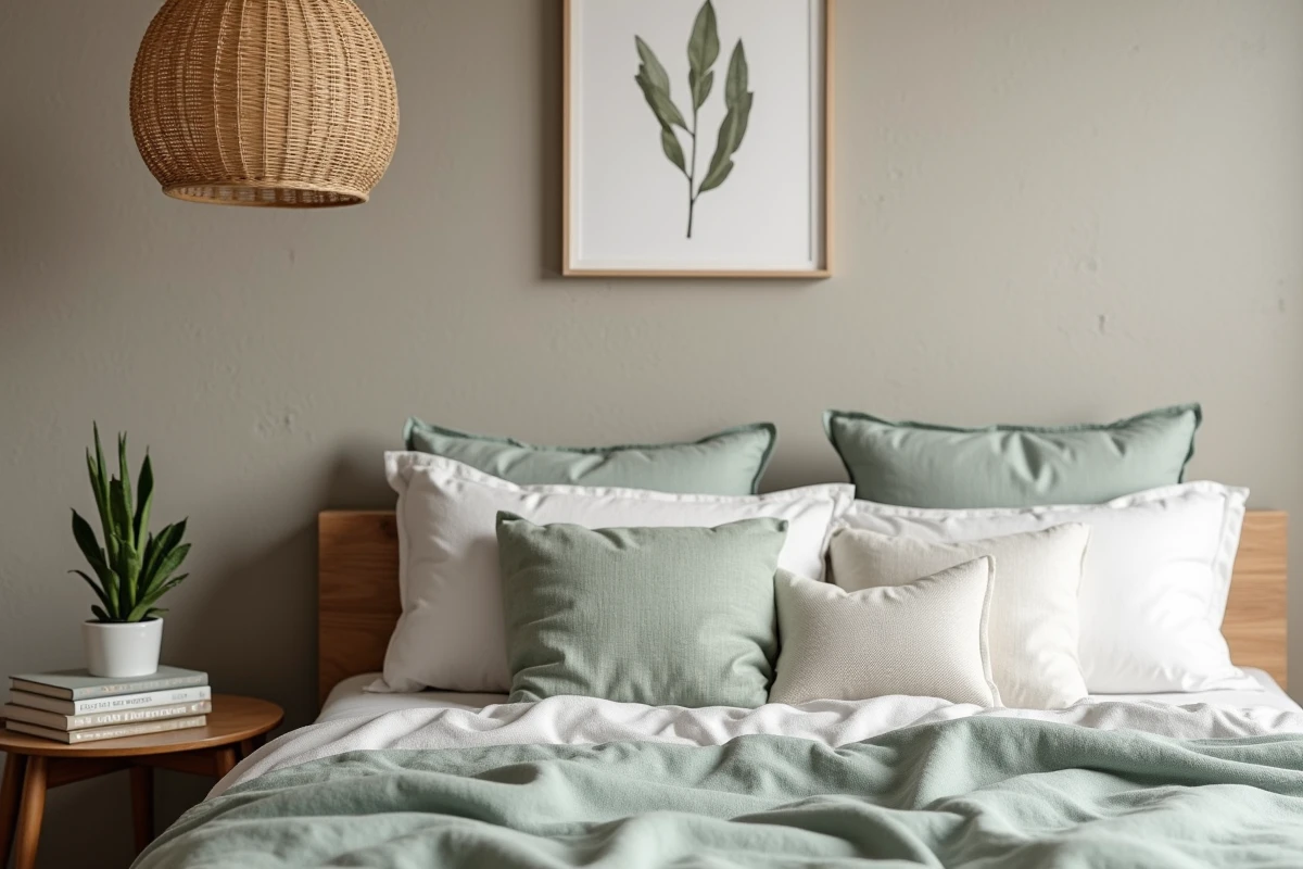 Coin chambre cosy avec literie en lin sage, table de nuit en chêne et décoration murale botanique pour un intérieur réussi