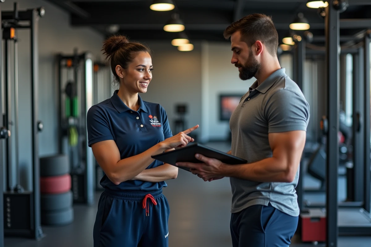 Coach sportive conseillant un client sur un programme d'entraînement personnalisé dans une salle de fitness équipée
