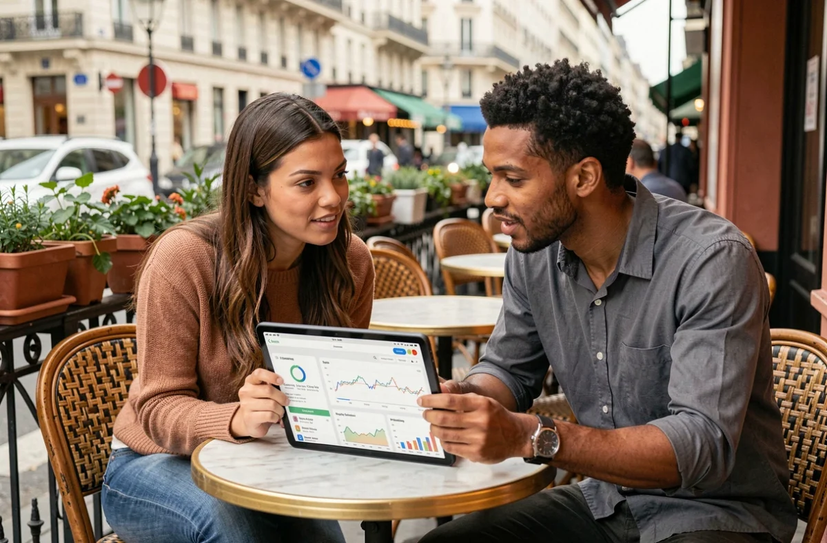 Deux jeunes collègues discutant de stratégies d'investissement sur une tablette dans un café parisien en plein air