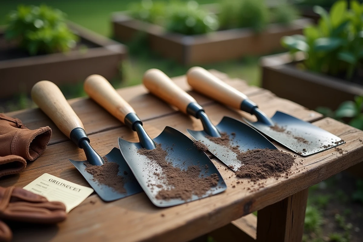 Comparaison de trois modèles de grelinettes en bois et métal sur un établi de jardin