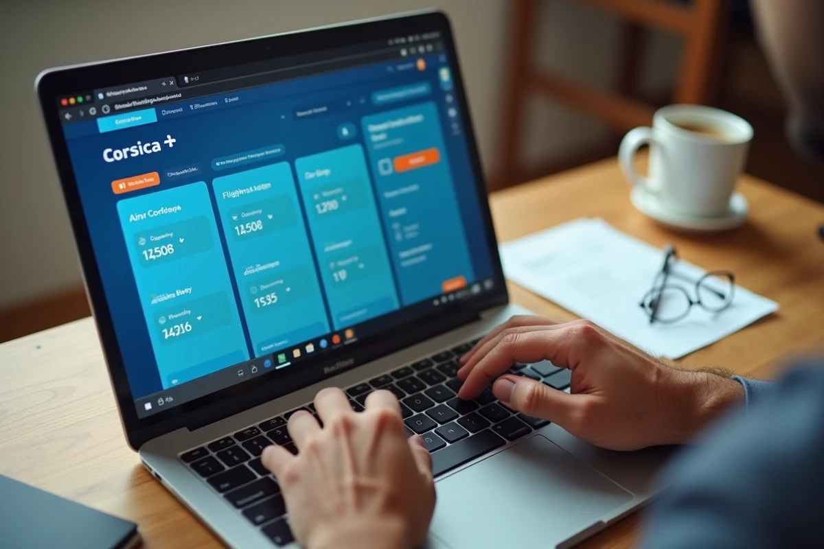 Mains sur un clavier d'ordinateur comparant les prix de vols low cost pour la Corse sur un site de réservation