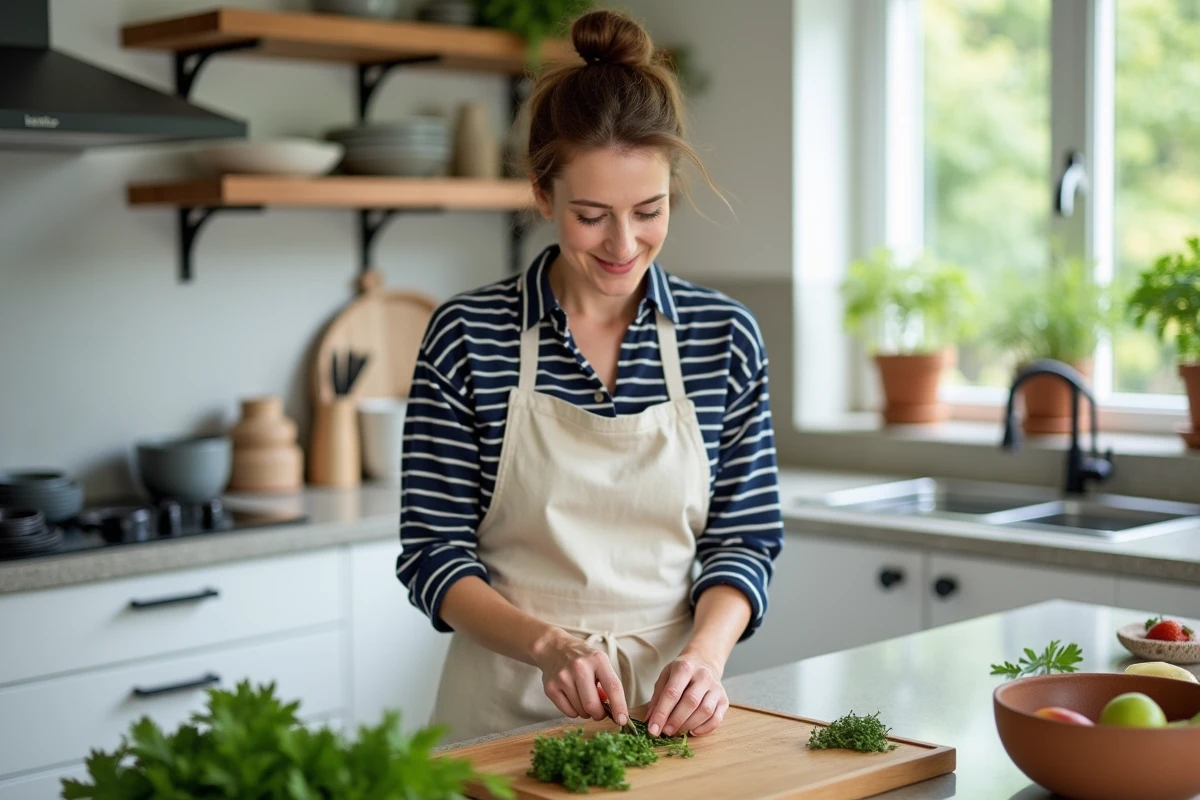Femme préparant un repas dans une cuisine scandinave lumineuse avec cabineterie blanche et plan de travail en quartz