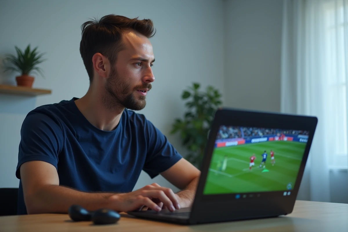 Un homme regardant la Ligue 1 sur la plateforme DAZN depuis son ordinateur portable