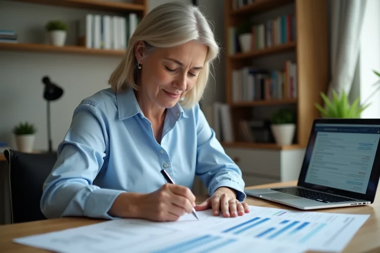 Femme consultant des documents fiscaux et relevés bancaires internationaux à son bureau à domicile