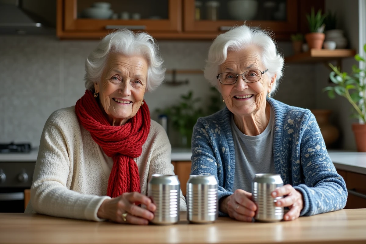 Deux femmes âgées triant des conserves dans la cuisine