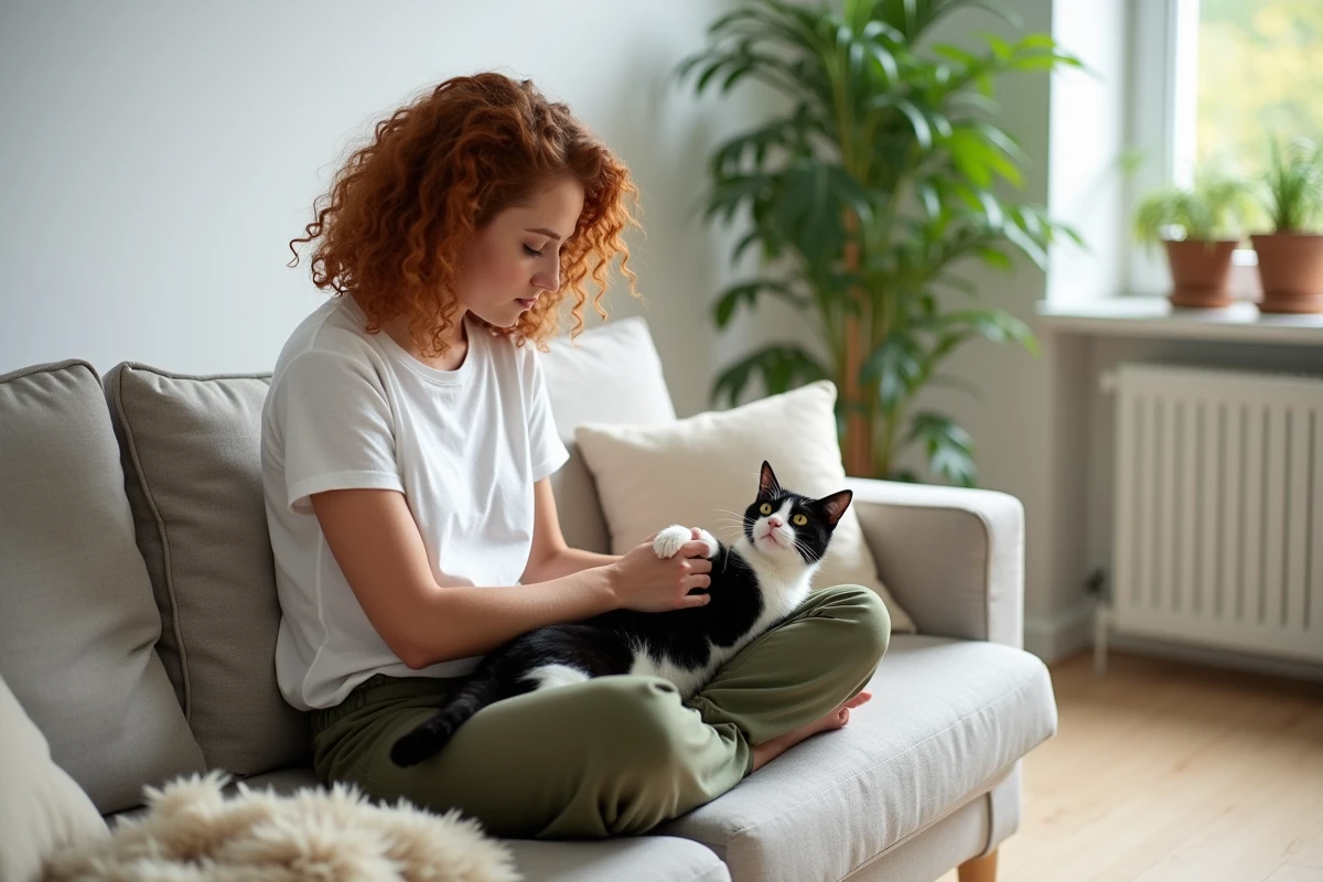 Femme inspectant la patte d'un chat tuxedo noir et blanc sur un canapé en lin dans un salon scandinave