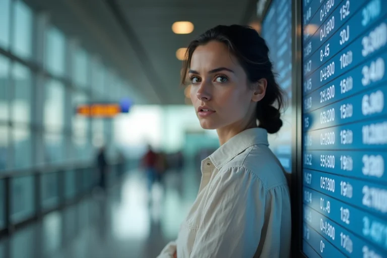 Femme consultant un tableau des départs dans un aéroport pour un vol vers la Corse, air préoccupé face aux prix des billets