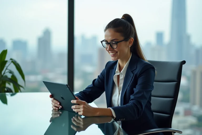 Femme d'affaires en costume dans un bureau moderne