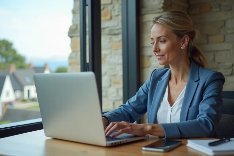 Femme en blazer bleu dans un bureau breton lumineux
