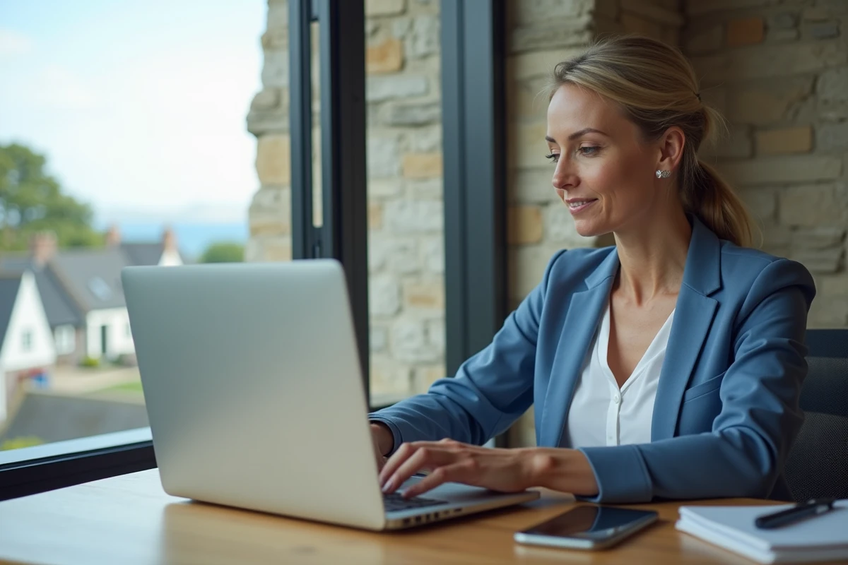 Femme en blazer bleu dans un bureau breton lumineux