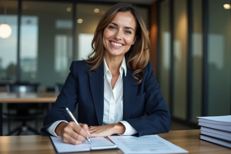 Femme professionnelle en bureau remplissant des papiers pour un article