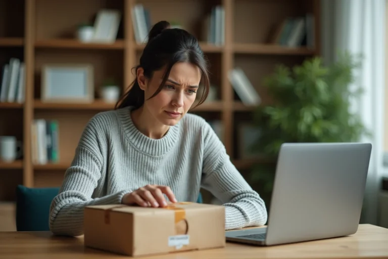 Femme examinant un colis endommagé avec étiquette froissée sur un bureau en bois à domicile