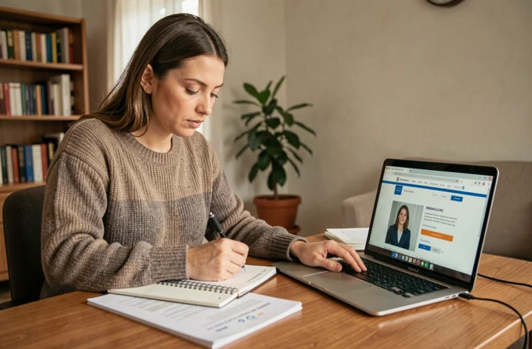 Femme en formation consultant des documents CAF sur son bureau à domicile