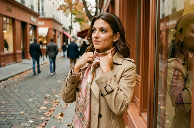 Femme élégante arrangeant un foulard en soie devant une vitrine parisienne en automne, accessoires tendance au quotidien