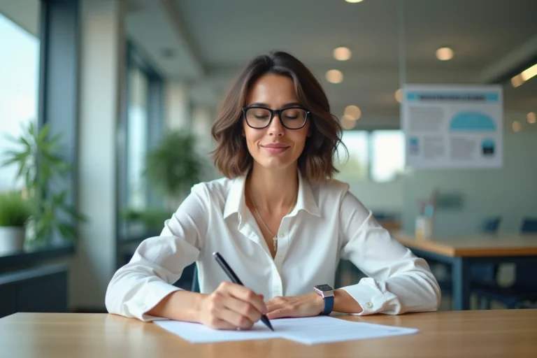 Femme française en train de remplir un dossier de permis de conduire