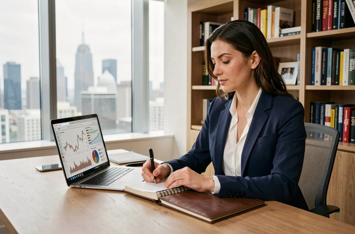 Femme investisseuse analysant des graphiques financiers sur son ordinateur portable dans un bureau moderne à domicile en 2024