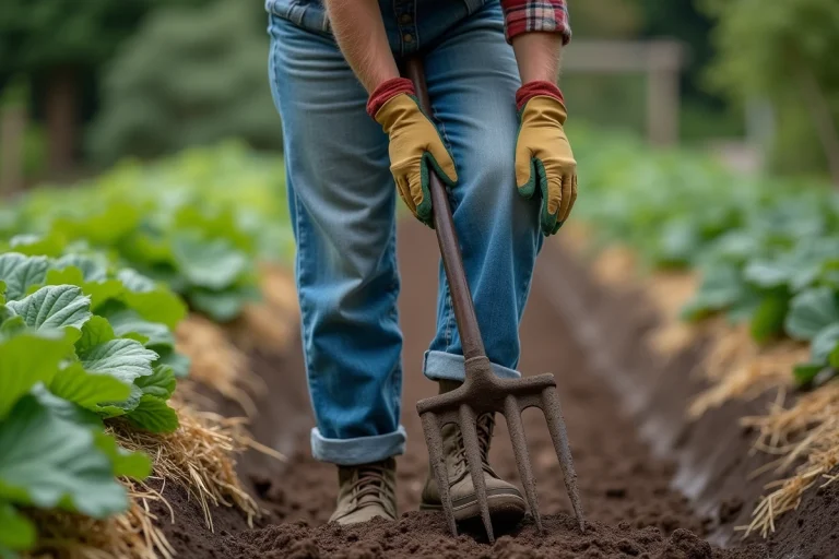 Femme jardinière utilisant une grelinette pour aérer le sol d'un potager écologique