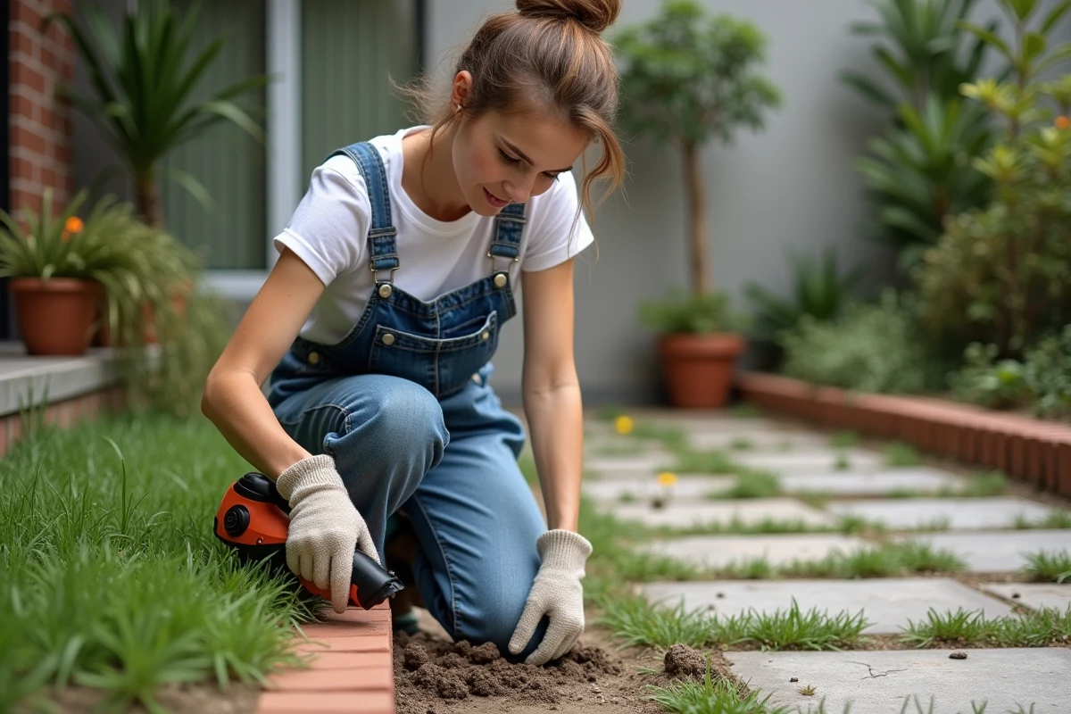 Jeune femme inspectant son jardin urbain après coupe électrique