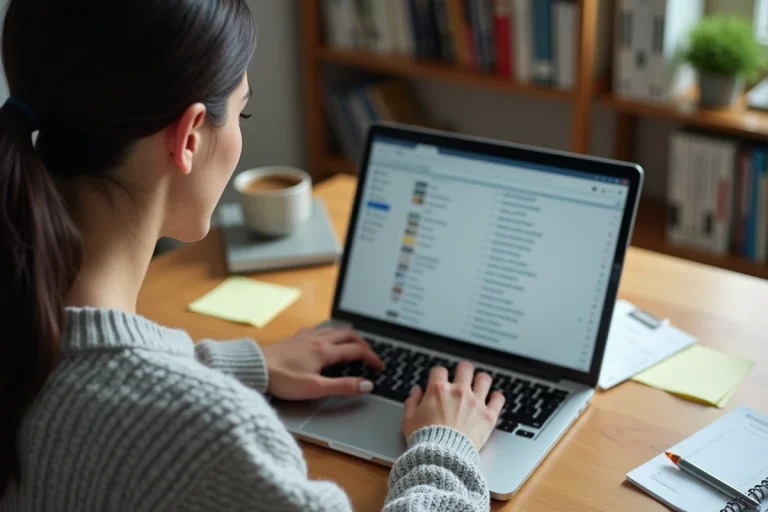 Femme cherchant le meilleur annuaire de téléchargement sur son ordinateur portable depuis un bureau à domicile