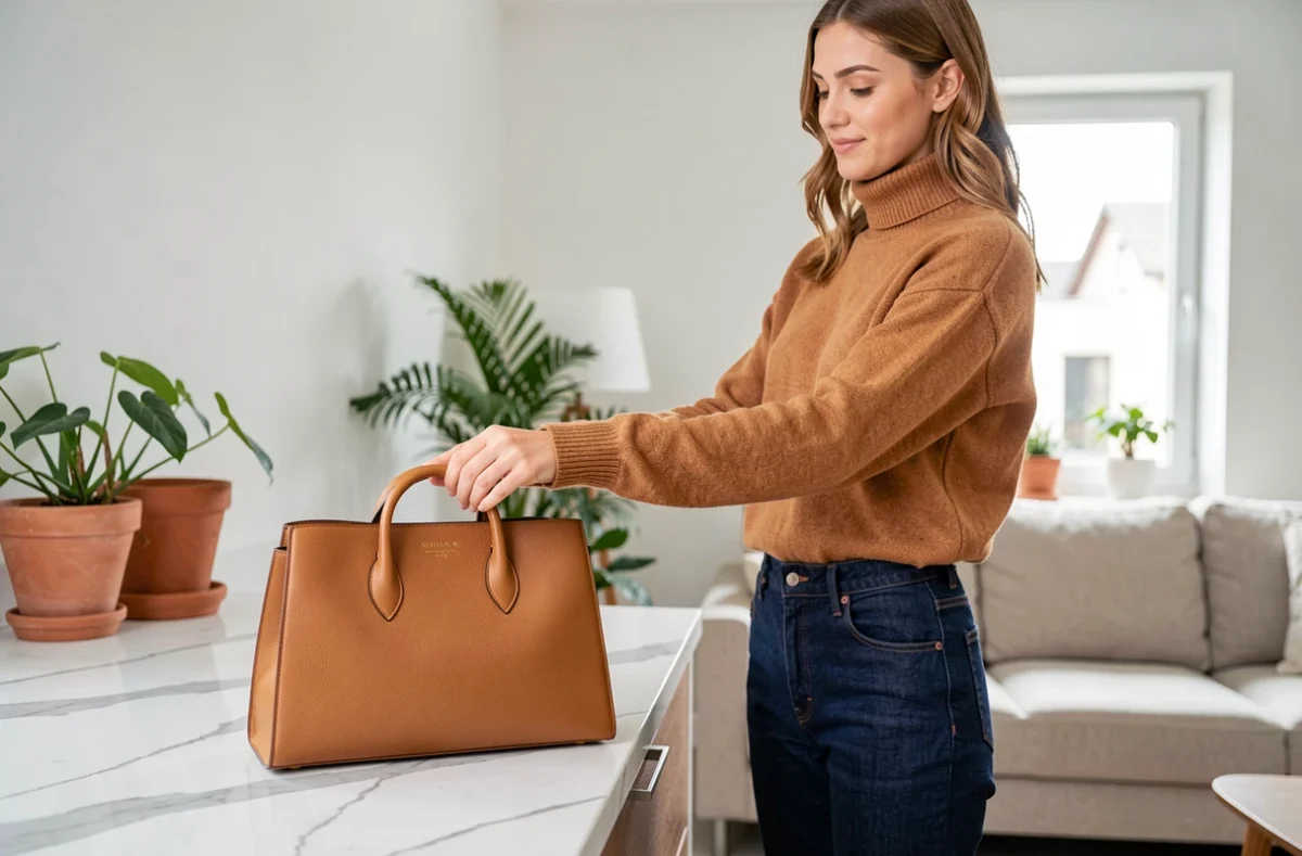 Jeune femme posant avec un sac à main en cuir structuré sur un comptoir en marbre dans un appartement moderne et épuré