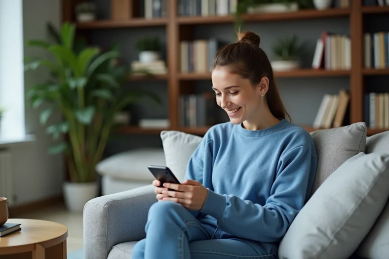 Femme assise sur un canapé avec smartphone dans un salon calme