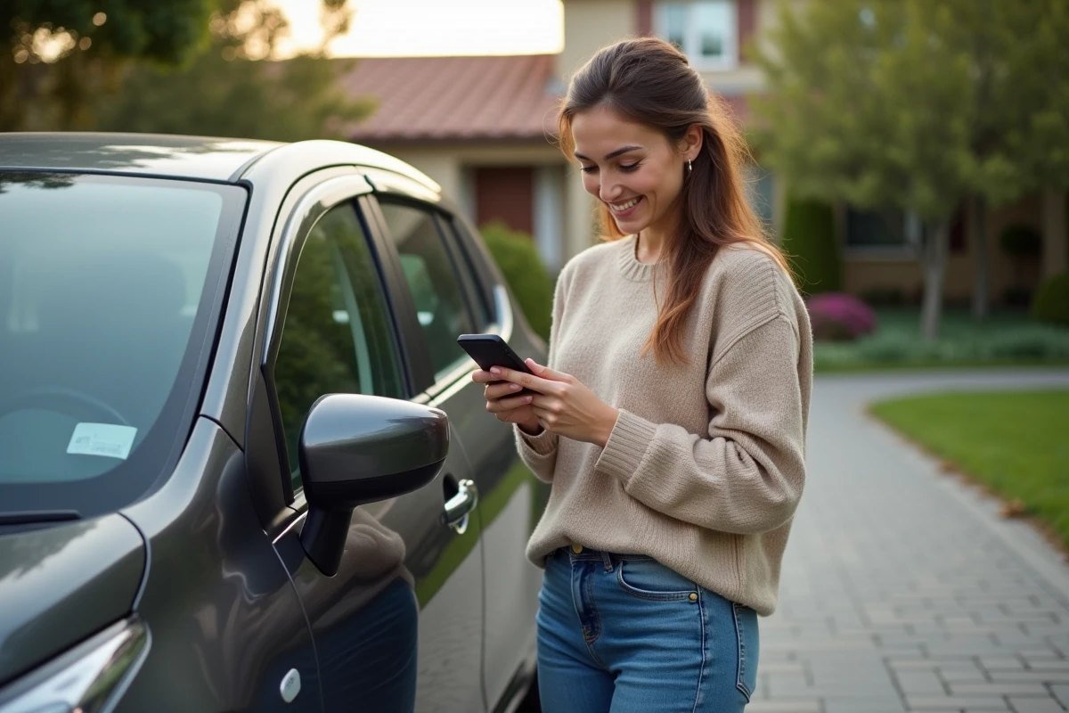 Femme souriante utilisant son smartphone à côté d