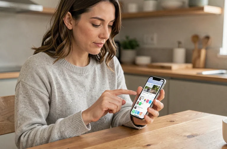 Femme téléchargeant l'application MyPeopleDoc sur iPhone depuis l'App Store dans une cuisine moderne