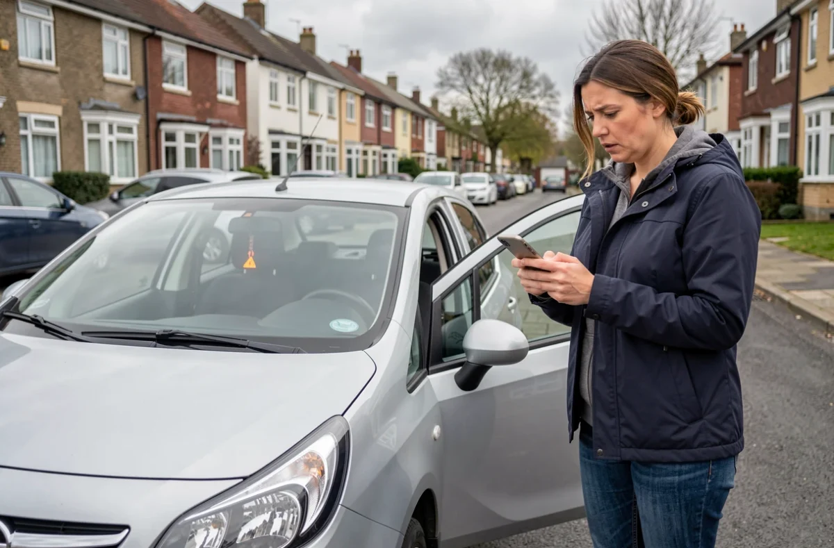 Femme consultant son téléphone face au voyant clé orange de son Opel Corsa garé dans la rue