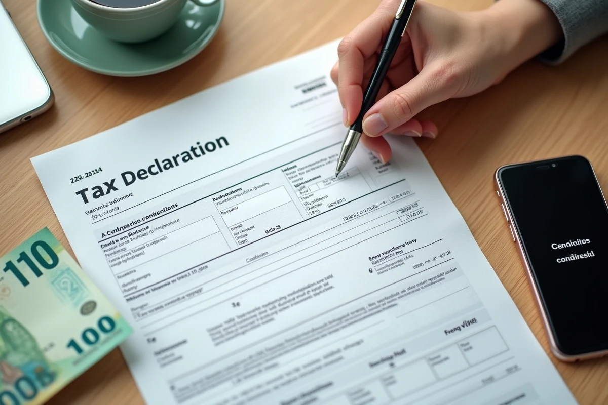 Vue de dessus d'un bureau avec formulaire fiscal français, devise étrangère et confirmation de virement international