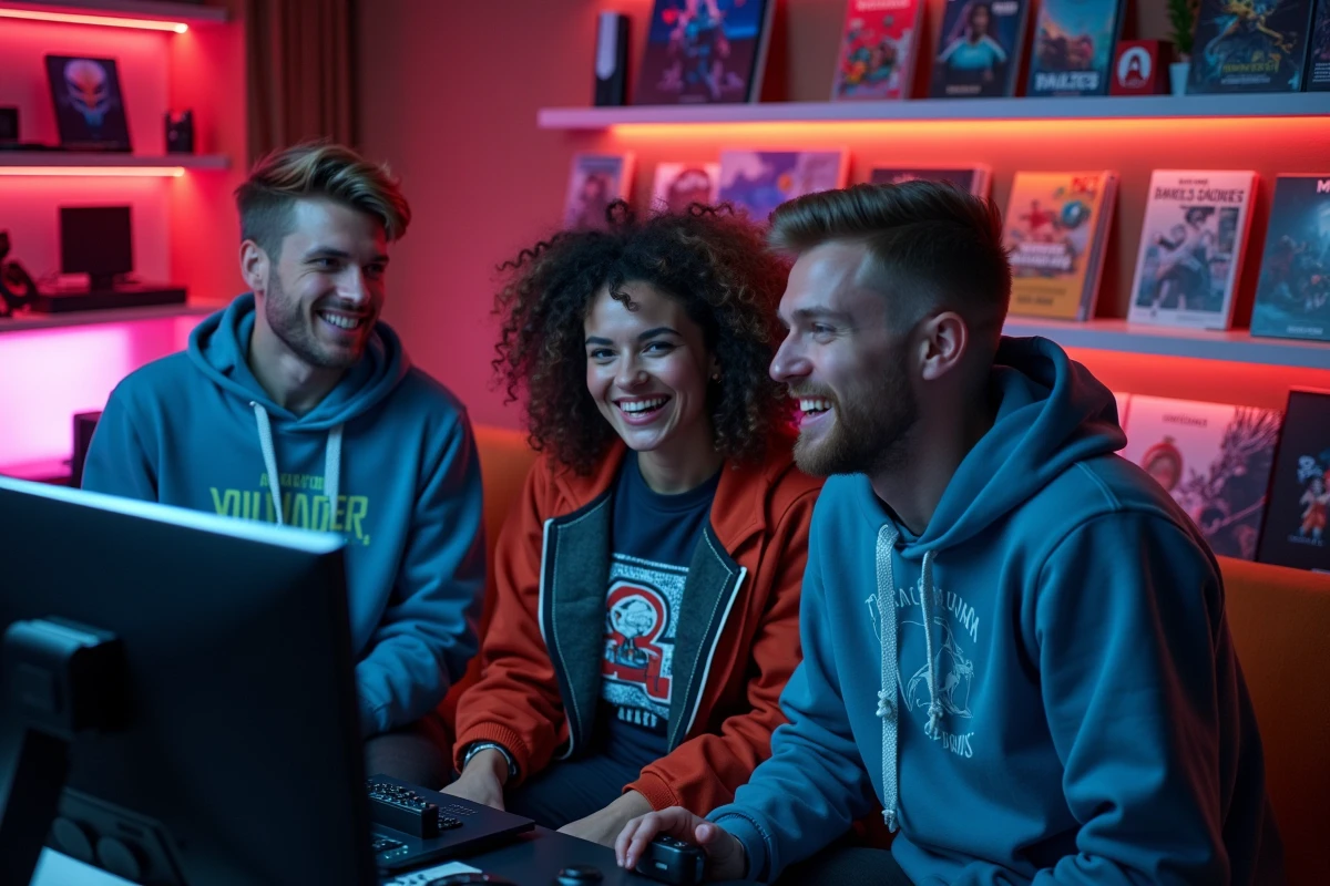 Trois amis discutant autour d un grand écran dans une salle de jeux