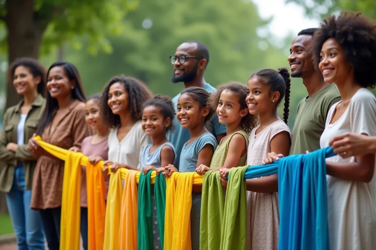 Groupe divers avec ruban de tissu coloré en extérieur