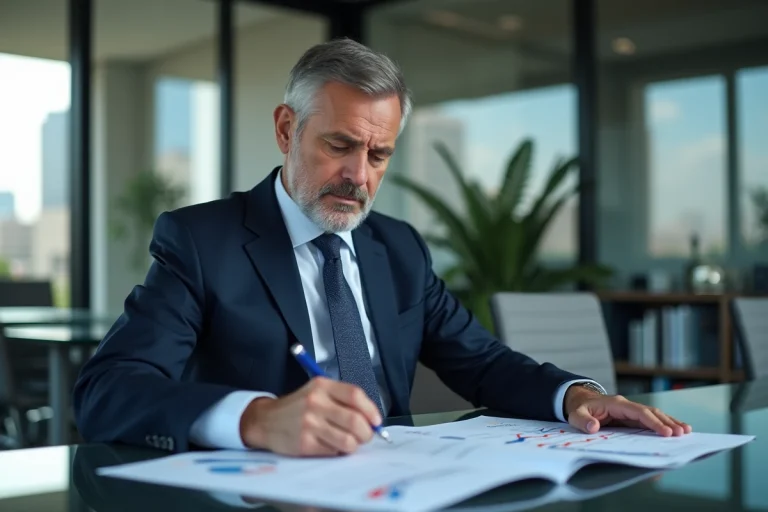 Homme d'affaires en costume bleu analysant des graphiques boursiers