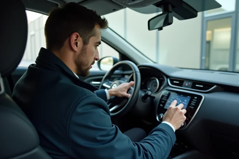 Homme concentré entrant un code dans la radio d'une Nissan en garage
