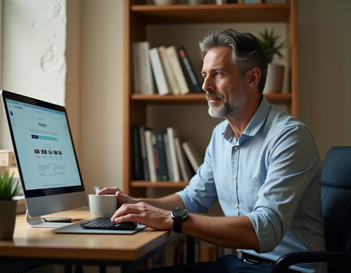 Homme en formation en ligne depuis son bureau à domicile avec un ordinateur portable