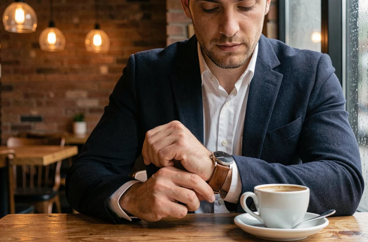 Homme élégant attachant une montre en cuir minimaliste dans un café vintage, accessoire tendance masculin