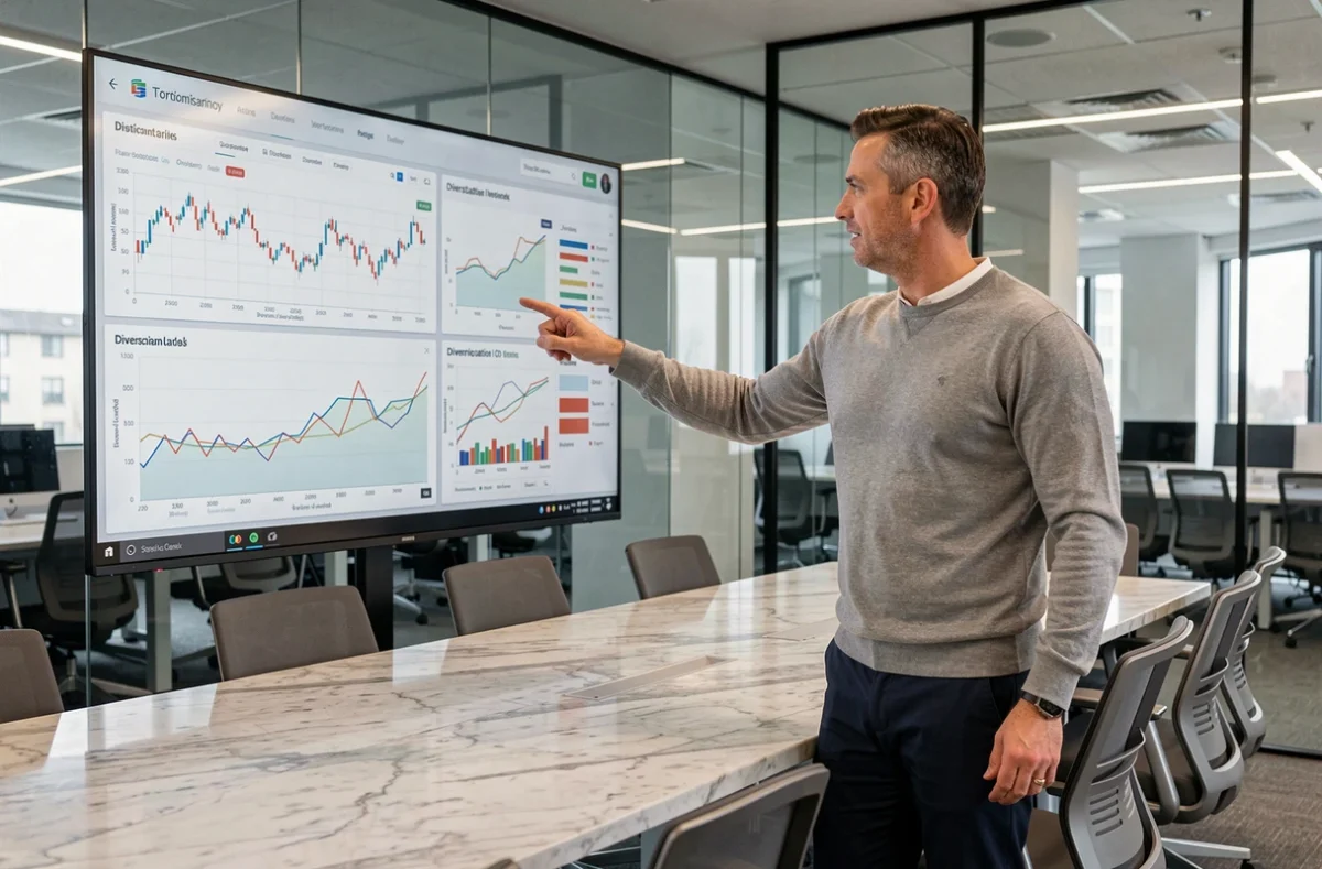 Homme présentant une stratégie d'investissement sur un écran numérique dans une salle de réunion d'entreprise moderne