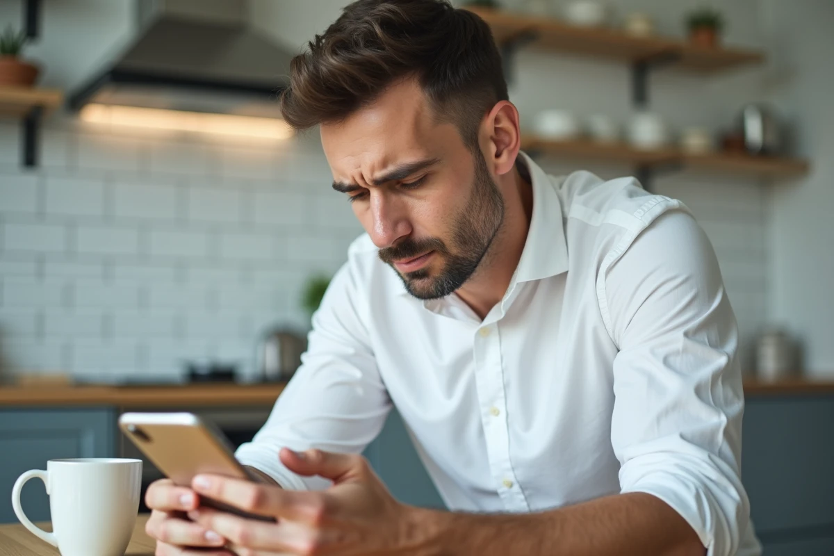 Homme consultant une application de suivi de colis sur smartphone à la table de cuisine